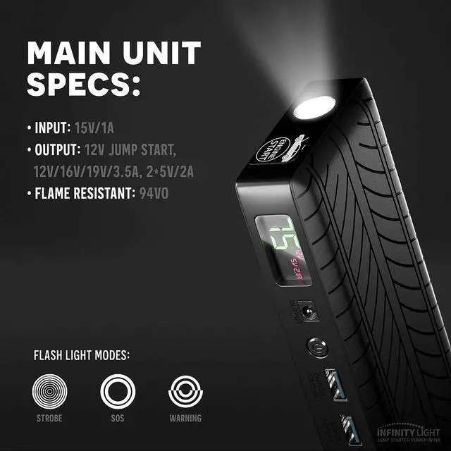 Alt view image 5 of 7 - Jump Starter Battery Pack  1000Amp 18,000mAh 12V Car Portable Battery Booster Pack Power Bank  2 in 1 USB Charger with LCD Display, LED Light Emergency Warning Mode, 6L Gas/4L Diesel
