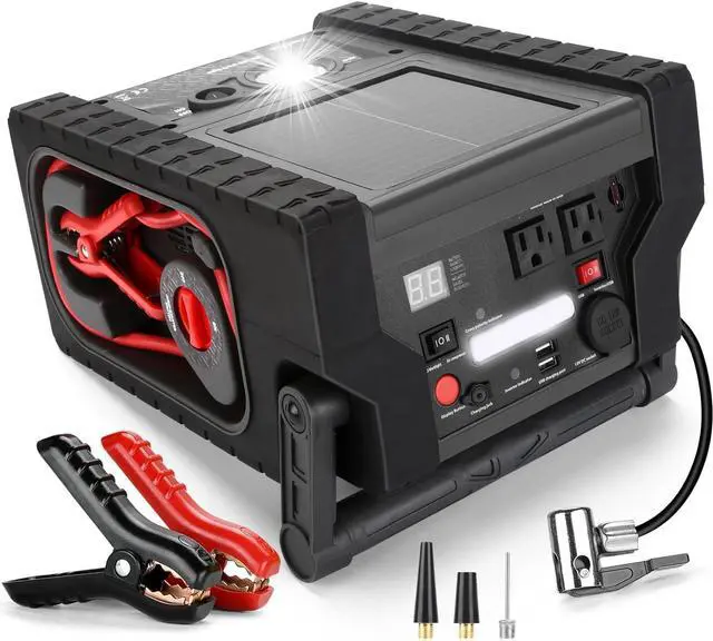 Main image of ZD-529 Solar Portable Power Station 2000 Amps Jump Starter, 260 PSI Air Compressor, 12V Car Battery Charger with 400W Inverter Dual AC/DC/USB Output, Emergency Backup Power with Flashlights