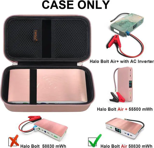 Alt view image 2 of 7 - Canboc Hard Carrying Case for Halo Bolt Air 58830 mWh/Halo Bolt Air+ 55500/HALO Bolt Air+ 1750 Portable Car Battery Jump Starter, Mesh Bag fit Jump Cables, AC Outlet, Charger, Rose Gold