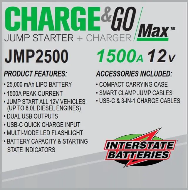 Alt view image 3 of 6 - Interstate Batteries Jump Starter and Charger 12V 1500A (25,000mAH, 25Ah) Portable LED Jumpstart Battery Power Pack for 12 Volt Automotives, USB Electronics (JMP2500)