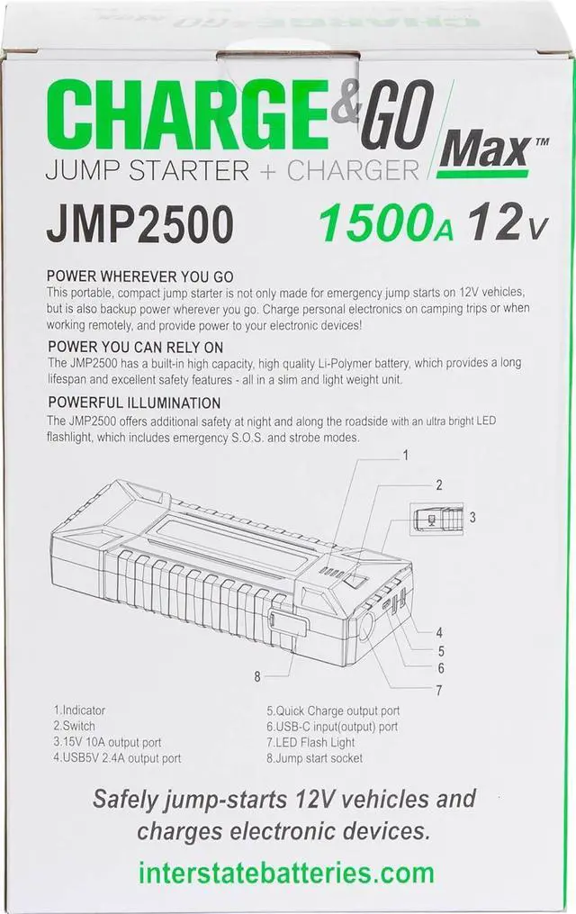 Alt view image 5 of 6 - Interstate Batteries Jump Starter and Charger 12V 1500A (25,000mAH, 25Ah) Portable LED Jumpstart Battery Power Pack for 12 Volt Automotives, USB Electronics (JMP2500)