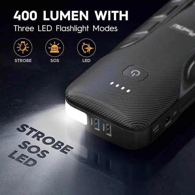 Alt view image 2 of 7 - Portable Car Jump Starter - 5000A Peak Current (Up to All Gas or 10L Diesel Engine) 12V Auto Battery Booster Portable Power Pack with Indicator Light Jumper Cables, QC 3.0 and LED Light