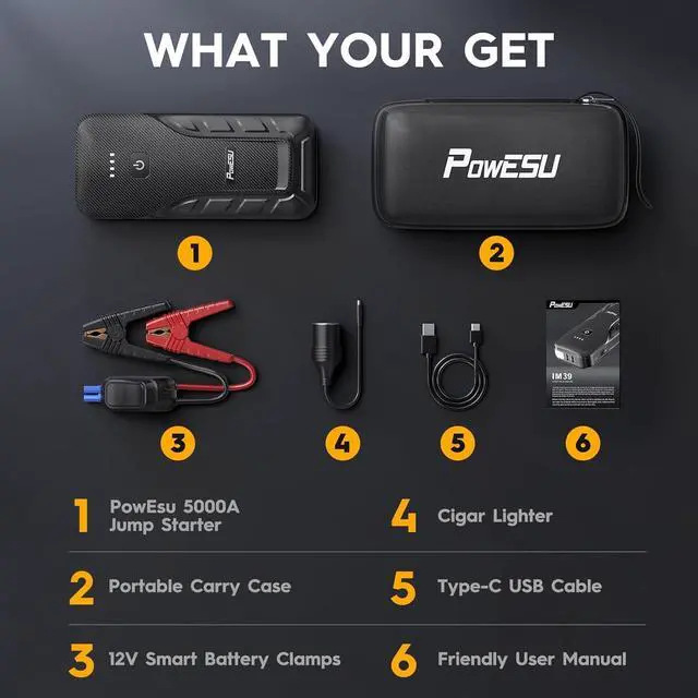 Alt view image 4 of 7 - Portable Car Jump Starter - 5000A Peak Current (Up to All Gas or 10L Diesel Engine) 12V Auto Battery Booster Portable Power Pack with Indicator Light Jumper Cables, QC 3.0 and LED Light