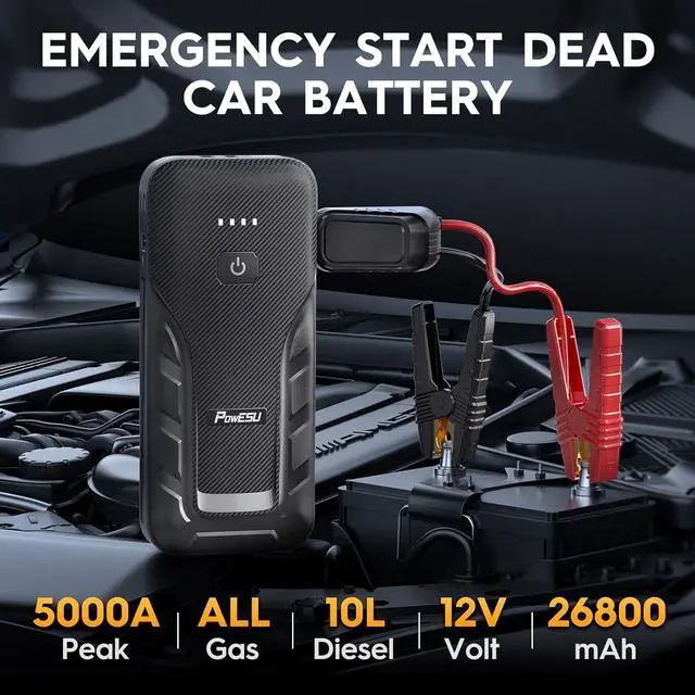 Alt view image 5 of 7 - Portable Car Jump Starter - 5000A Peak Current (Up to All Gas or 10L Diesel Engine) 12V Auto Battery Booster Portable Power Pack with Indicator Light Jumper Cables, QC 3.0 and LED Light
