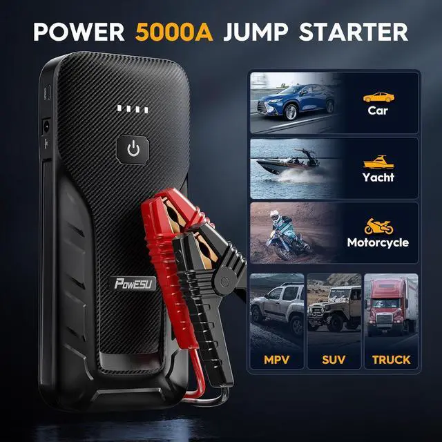 Alt view image 7 of 7 - Portable Car Jump Starter - 5000A Peak Current (Up to All Gas or 10L Diesel Engine) 12V Auto Battery Booster Portable Power Pack with Indicator Light Jumper Cables, QC 3.0 and LED Light