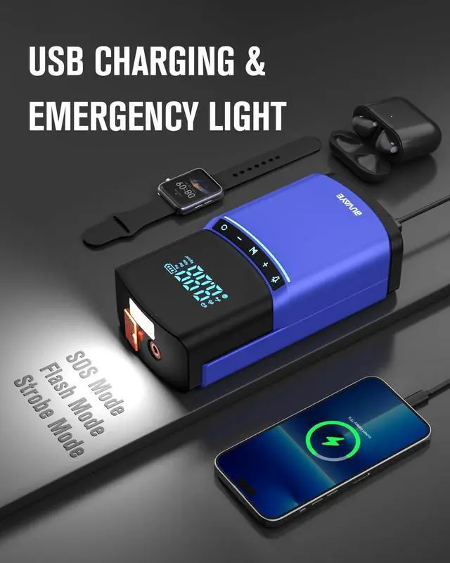 Alt view image 5 of 7 - Jump Starter Battery Pack 2500A, BUVAYE Jump Starter with Air Compressor 150PSI for Car Up to 8L Gas 6L Diesel, 12V Portable Car Jump Starter