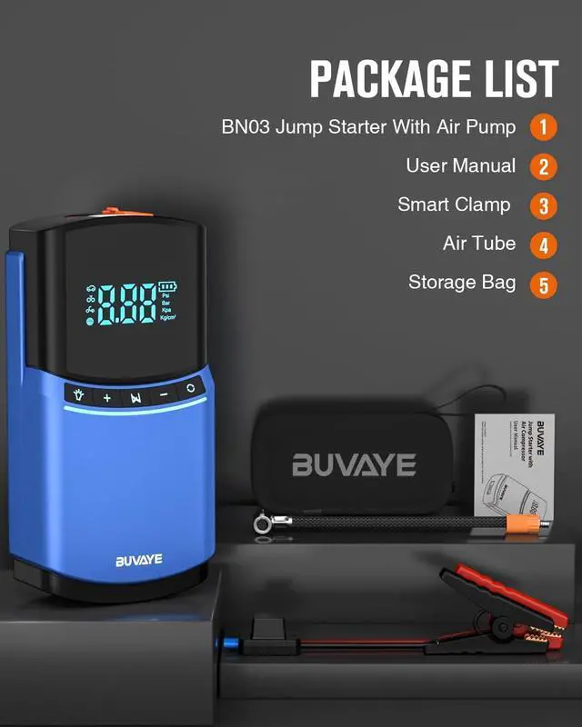 Alt view image 7 of 7 - Jump Starter Battery Pack 2500A, BUVAYE Jump Starter with Air Compressor 150PSI for Car Up to 8L Gas 6L Diesel, 12V Portable Car Jump Starter