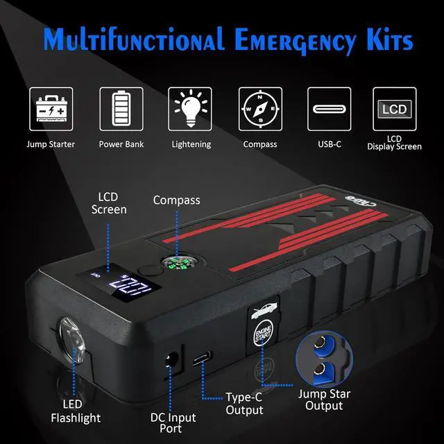 Alt view image 3 of 6 - Battery Jump Starter for Car, CTWJO 12V 1000A Portable Jump Starter Booster with USB-C Smart Port, Compass, LCD Screen, LED Light, Travel Case (Up to 7.2L Gasoline 5.5L Diesel Engines)