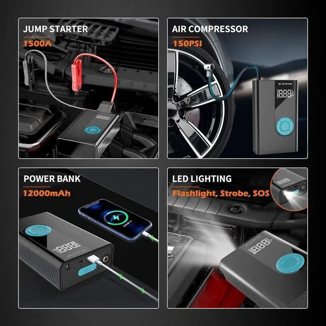 Alt view image 5 of 5 - Car Jump Starter with Air Compressor, Lenercom 1500A Potable Battery Booster with 150PSI Digital Auto Tire Inflator, 12V Car Battery Charger with USB Quick Charge 3.0