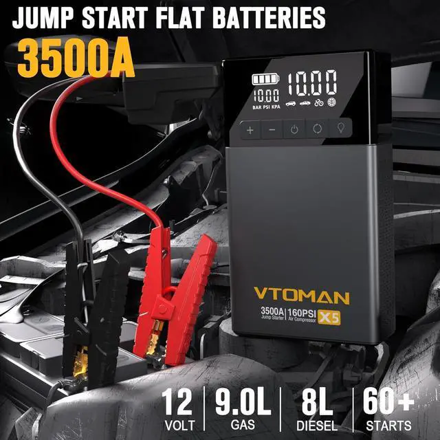 Alt view image 2 of 7 - VTOMAN X5 Jump Starter with Air Compressor, 3500A Portable Car Battery Booster (Up to 9L Gas/8L Diesel Engines) with 160PSI Digital Tire Inflator, 12V Lithium Battery Jump box with Type-C Quick Charge