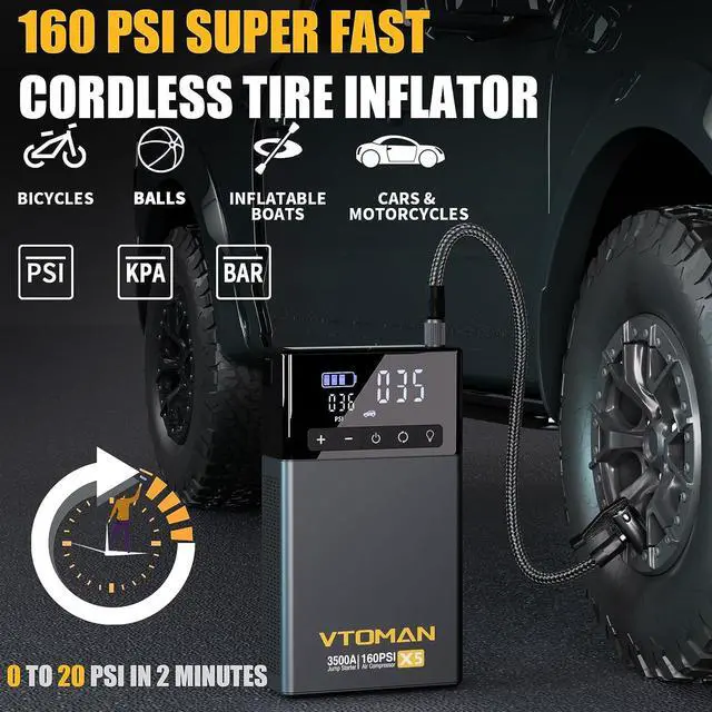 Alt view image 3 of 7 - VTOMAN X5 Jump Starter with Air Compressor, 3500A Portable Car Battery Booster (Up to 9L Gas/8L Diesel Engines) with 160PSI Digital Tire Inflator, 12V Lithium Battery Jump box with Type-C Quick Charge