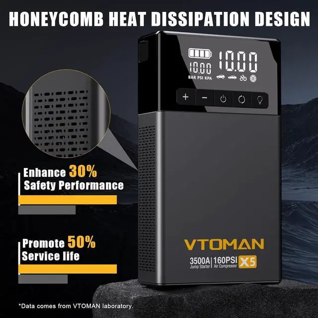 Alt view image 7 of 7 - VTOMAN X5 Jump Starter with Air Compressor, 3500A Portable Car Battery Booster (Up to 9L Gas/8L Diesel Engines) with 160PSI Digital Tire Inflator, 12V Lithium Battery Jump box with Type-C Quick Charge