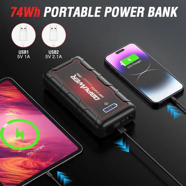 Alt view image 4 of 6 - DBPOWER Jump Starter 2500A Peak 74Wh Portable Car Jump Starter (Up to 10L Gas/8L Diesel Engine) 12V Auto Battery Booster Pack with Smart Clamp Cables, Quick Charger, LED Light Jump Box