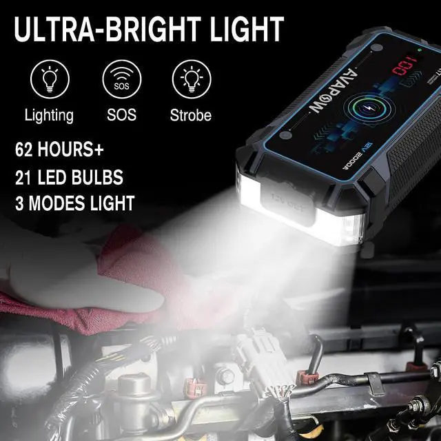 Alt view image 4 of 7 - AVAPOW Car Jump Starter 2000A Peak Jump Boxes for Vehicles(12V 8L Gas/6.5L Diesel Engine) Equipped Fast Wireless Charging Jump Starter Battery Pack