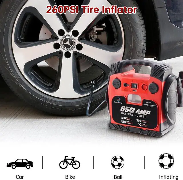 Alt view image 3 of 7 - Jump Starter, BS ONE 850 Amp Peak Current Car Jump Stater, 12V Lead Acid Battey Jump Starter with 260PSI Air Compressor, Jump Starter Battery Pack with Led Light & USB Output