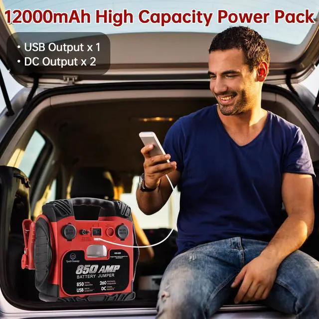 Alt view image 6 of 7 - Jump Starter, BS ONE 850 Amp Peak Current Car Jump Stater, 12V Lead Acid Battey Jump Starter with 260PSI Air Compressor, Jump Starter Battery Pack with Led Light & USB Output