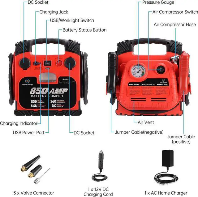 Alt view image 7 of 7 - Jump Starter, BS ONE 850 Amp Peak Current Car Jump Stater, 12V Lead Acid Battey Jump Starter with 260PSI Air Compressor, Jump Starter Battery Pack with Led Light & USB Output