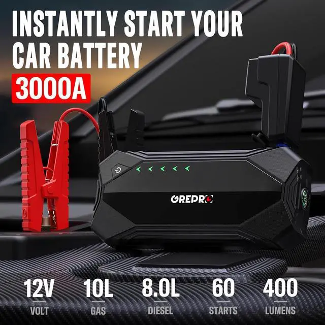 Alt view image 2 of 7 - GREPRO Jump Starter (10L Gas & 8.0L Diesel Engines), 3000A Car Battery Jump Starter Battery Pack,12V Booster, Jump Box with Jumper Cables, Car Jumper with LED Light
