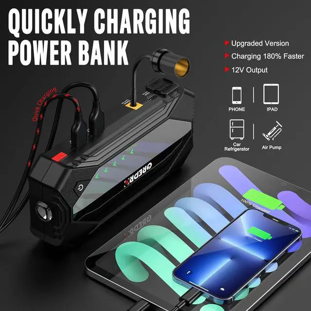 Alt view image 5 of 7 - GREPRO Jump Starter (10L Gas & 8.0L Diesel Engines), 3000A Car Battery Jump Starter Battery Pack,12V Booster, Jump Box with Jumper Cables, Car Jumper with LED Light