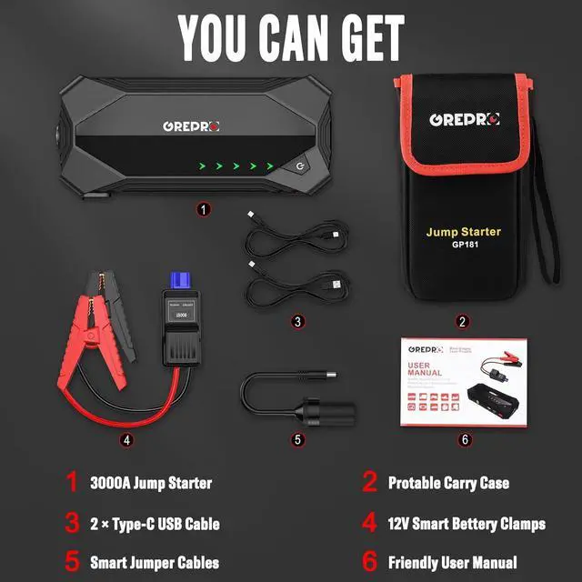 Alt view image 7 of 7 - GREPRO Jump Starter (10L Gas & 8.0L Diesel Engines), 3000A Car Battery Jump Starter Battery Pack,12V Booster, Jump Box with Jumper Cables, Car Jumper with LED Light