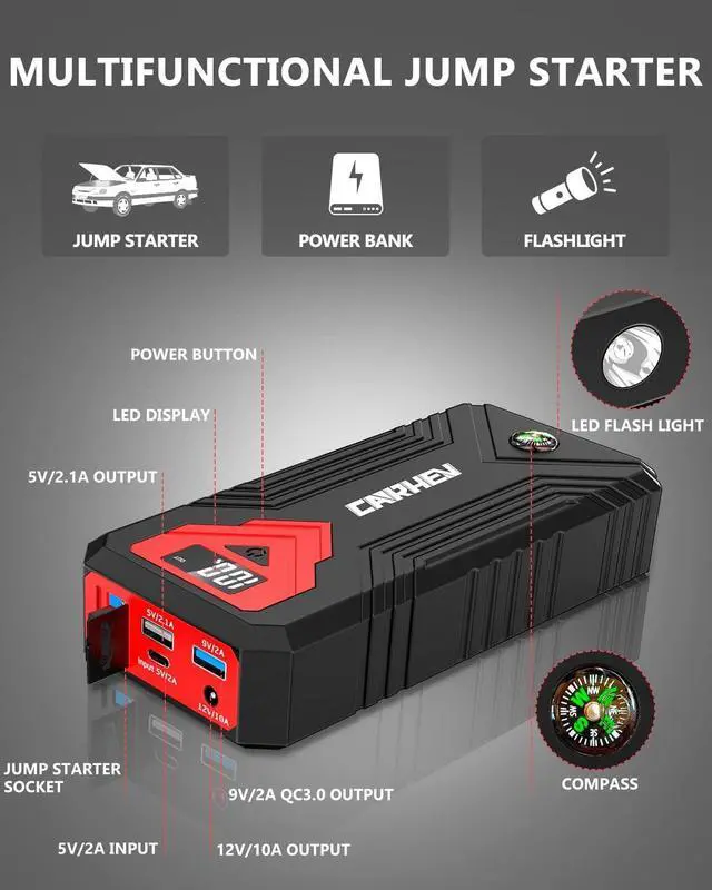 Alt view image 3 of 7 - 3000A Jump Starter, 24000mAh Car Battery Jump Starter (up to 8.0L Gas and 8.0L Diesel Engine) Battery Jumper Starter Portable, 12V Car Jumper Starter Portable with LED Light and USB QC 3.0