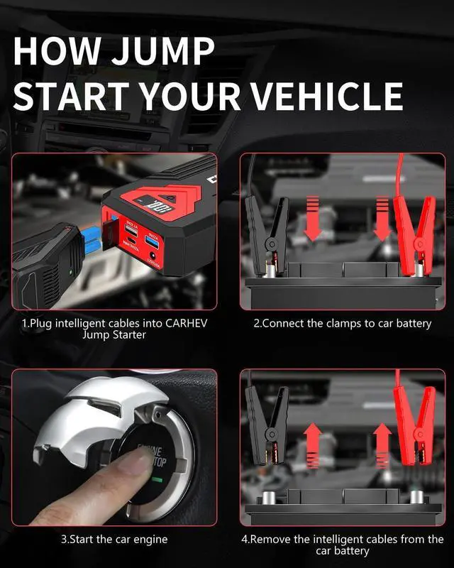 Alt view image 6 of 7 - 3000A Jump Starter, 24000mAh Car Battery Jump Starter (up to 8.0L Gas and 8.0L Diesel Engine) Battery Jumper Starter Portable, 12V Car Jumper Starter Portable with LED Light and USB QC 3.0