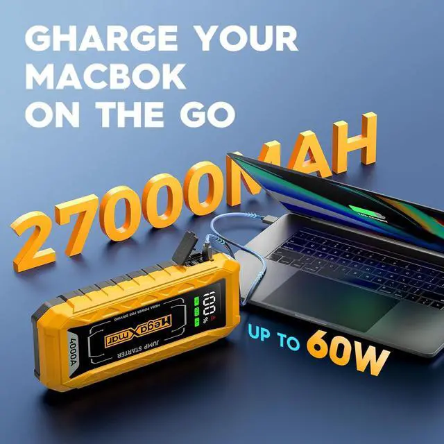 Alt view image 3 of 7 - 60w PD Battery Jump Starter 27000mAh 4000A, All Gas, 10L Diesel Engine, 12V car Battery Portable Jumper Box, Type C Booster Car Jumper Cable Pack