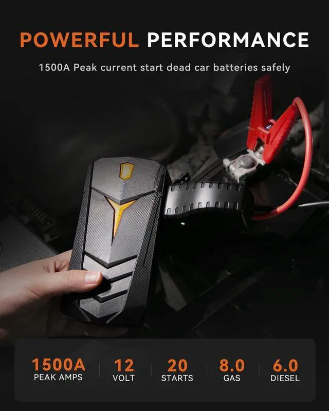 Alt view image 3 of 7 - Jump Starter, 1500A Peak Car Starter for Up to 8L Gas or 6.0L Diesel Engine, 12V Auto Lithium Battery Booster for Cars, Trucks, SUV, Portable Power Pack Jump Box with LED Light