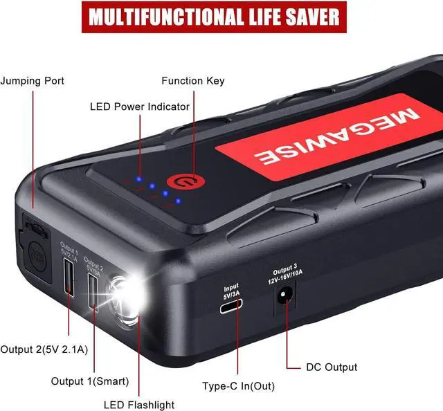 Alt view image 6 of 6 - MEGAWISE 2500A Peak 21800mAh Car Battery Jump Starter (up to 8.0L Gas/6.5L Diesel Engines) 12V Portable Power Pack Auto Battery Booster with Dual USB Outputs