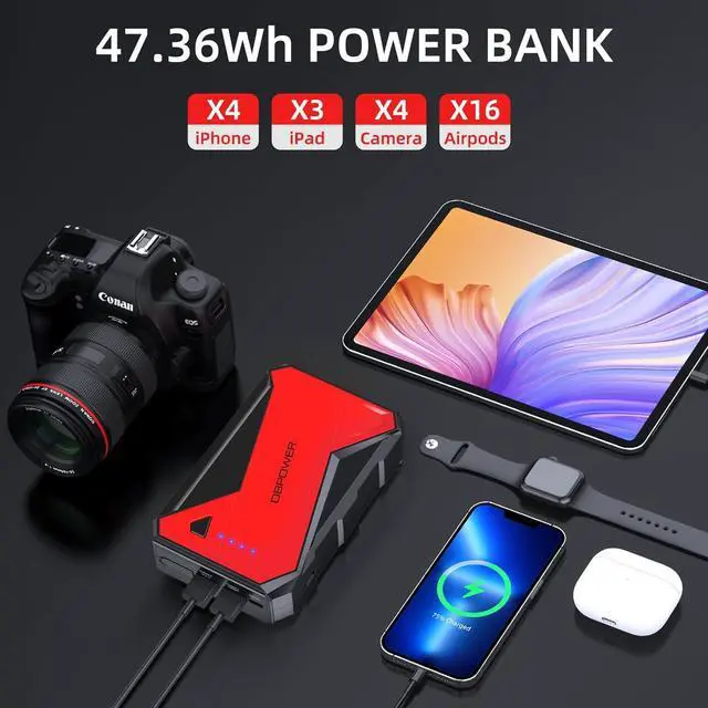Alt view image 4 of 7 - DBPOWER 1000A Portable Car Jump Starter (UP to 7.0L Gas, 5.5L Diesel Engine), 12V Lithium-Ion Auto Battery Booster, Power Pack with LCD Screen Clamp Cables,USB Quick Charge, LED Flashlight
