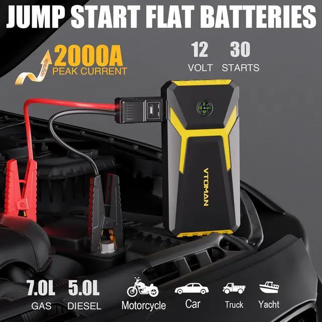 Alt view image 2 of 7 - VTOMAN V6 Pro Car Jump Starter, 2000A Booster Pack Jump Starter Portable 12V Car Battery Jump Box (7L Gas/5L Diesel) with Smart Jumper Cables, Fast Charge, LED Light(Yellow)