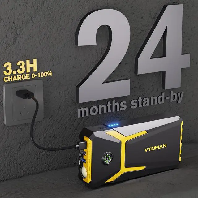 Alt view image 6 of 7 - VTOMAN V6 Pro Car Jump Starter, 2000A Booster Pack Jump Starter Portable 12V Car Battery Jump Box (7L Gas/5L Diesel) with Smart Jumper Cables, Fast Charge, LED Light(Yellow)