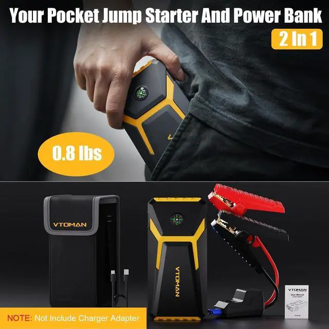 Alt view image 7 of 7 - VTOMAN V6 Pro Car Jump Starter, 2000A Booster Pack Jump Starter Portable 12V Car Battery Jump Box (7L Gas/5L Diesel) with Smart Jumper Cables, Fast Charge, LED Light(Yellow)