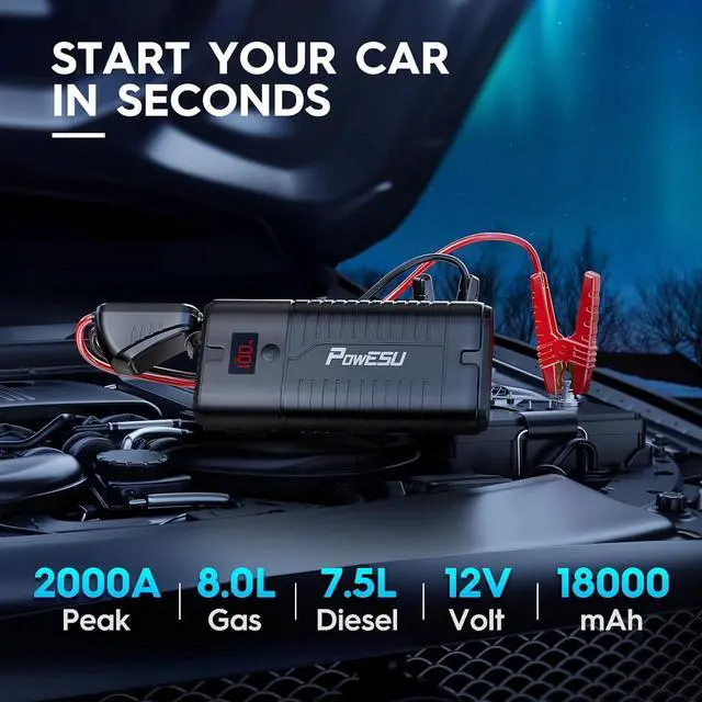 Alt view image 2 of 7 - Jump Starters 2000A 18000mah (Up to 8.0L Gas or 7.5L Diesel Engine) 12V Auto Car Portable Battery Booster Jumper Cable Power Box Pack