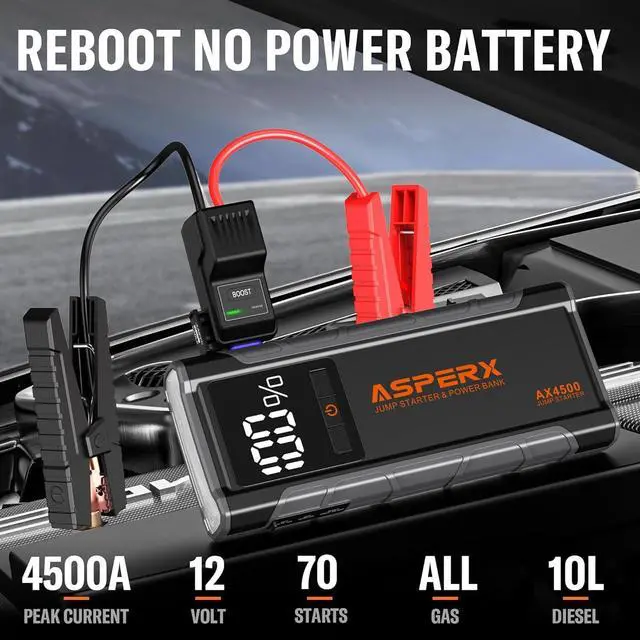 Alt view image 2 of 7 - AsperX AX4500 Jump Starter, 4500A Peak Car Jump Starter for Up to All Gas and 10.0L Diesel Engines, 12V Battery Starter with 4 Inch LCD Display, Lithium Battery Booster with Built-in LED Light