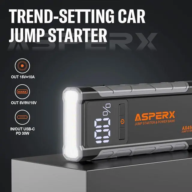 Alt view image 3 of 7 - AsperX AX4500 Jump Starter, 4500A Peak Car Jump Starter for Up to All Gas and 10.0L Diesel Engines, 12V Battery Starter with 4 Inch LCD Display, Lithium Battery Booster with Built-in LED Light