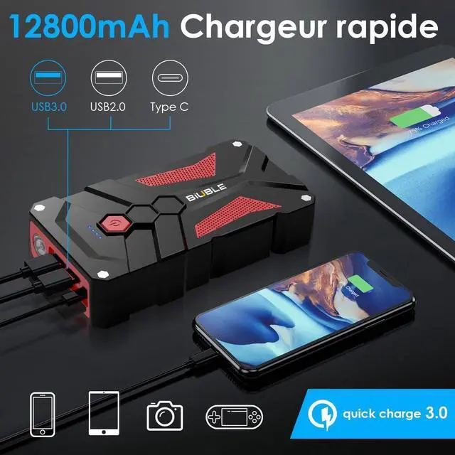 Alt view image 2 of 7 - BIUBLE Jump Starter Car Jump Starter Auto Battery Booster Pack 3000A Peak 12V with USB Quick Charge 3.0,Lithium Jump Box with LED Light(Up to 7.0L Gas or 5.5L Diesel Engine)