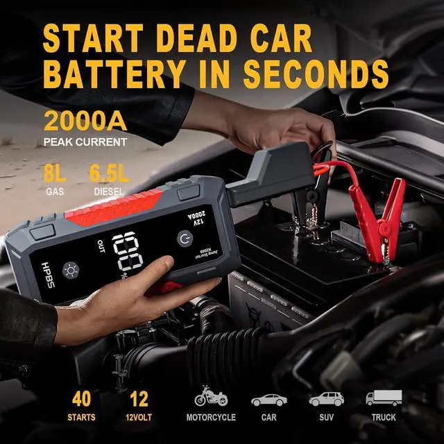 Alt view image 2 of 7 - Jump Starter - 2000A Jump Starter Battery Pack for Up to 8L Gas and 6.5L Diesel Engines, 12V Portable Car Battery Jump Starter Box with 3.0" LCD Display (Red)