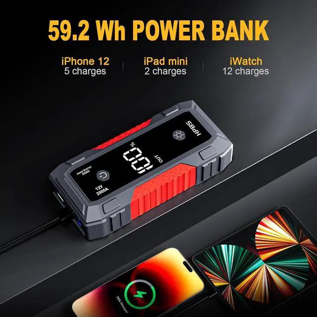 Alt view image 3 of 7 - Jump Starter - 2000A Jump Starter Battery Pack for Up to 8L Gas and 6.5L Diesel Engines, 12V Portable Car Battery Jump Starter Box with 3.0" LCD Display (Red)