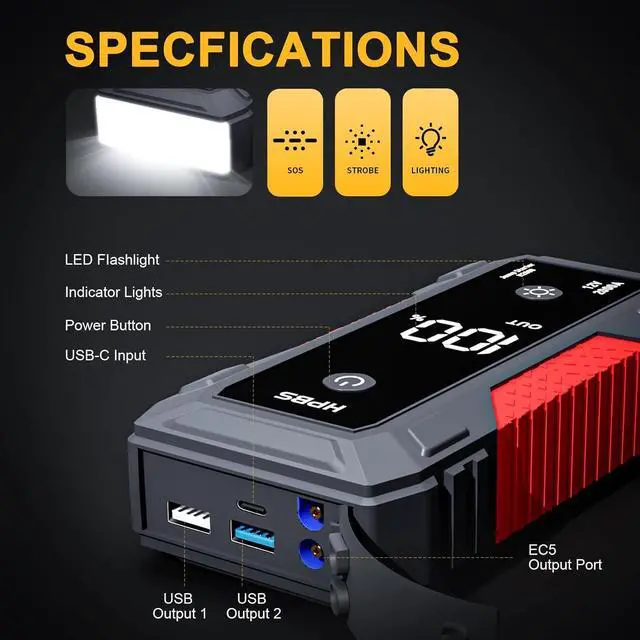 Alt view image 6 of 7 - Jump Starter - 2000A Jump Starter Battery Pack for Up to 8L Gas and 6.5L Diesel Engines, 12V Portable Car Battery Jump Starter Box with 3.0" LCD Display (Red)