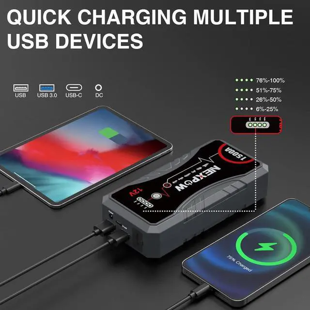 Alt view image 3 of 7 - NEXPOW Car Jump Starter,Car Battery Jump Starter Pack 1500A Peak Q10S for Up to 7.0L Gas and 5.5L Diesel Engine12V Auto Battery Booster,Jumper Cables,Portable Lithium Jump Box with LED Light/USB QC3.0