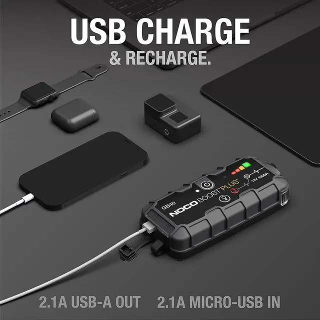 Alt view image 4 of 6 - NOCO Boost Plus GB40 1000A UltraSafe Car Battery Jump Starter, 12V Battery Pack, Battery Booster, Jump Box, Portable Charger and Jumper Cables for 6.0L Gasoline and 3.0L Diesel Engines, Gray