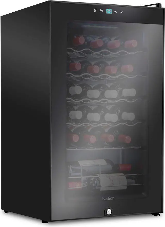 Main image of Ivation 24 Bottle Compressor Wine Cooler Refrigerator w/Lock | Large Freestanding Wine Cellar For Red, White, Champagne or Sparkling Wine | 41f-64f Digital Temperature Control Fridge Glass Door Black