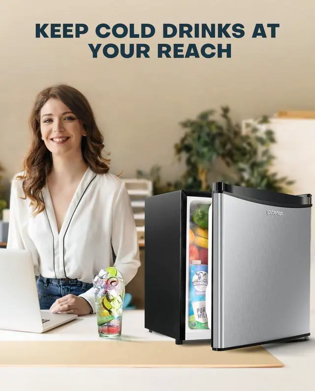 Alt view image 3 of 7 - Upstreman 1.7 Cu.ft Mini Fridge with Freezer, Adjustable Thermostat, Energy Saving, Low Noise, Single Door Compact Refrigerator for Dorm, Office, Bedroom, Stainless- FR17