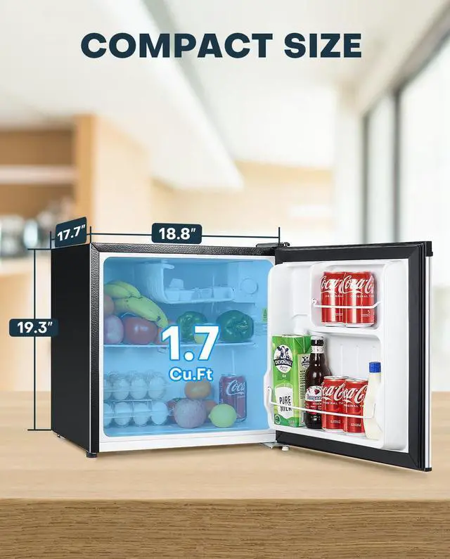 Alt view image 4 of 7 - Upstreman 1.7 Cu.ft Mini Fridge with Freezer, Adjustable Thermostat, Energy Saving, Low Noise, Single Door Compact Refrigerator for Dorm, Office, Bedroom, Stainless- FR17
