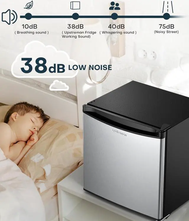 Alt view image 5 of 7 - Upstreman 1.7 Cu.ft Mini Fridge with Freezer, Adjustable Thermostat, Energy Saving, Low Noise, Single Door Compact Refrigerator for Dorm, Office, Bedroom, Stainless- FR17