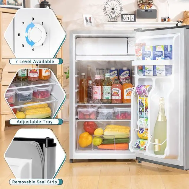 Alt view image 3 of 7 - 3.2 Cu. Ft Mini Fridge with Freezer for Bedroom, Dorm, Office, Compact Refrigerator with Adjustable Thermostat, Removable Glass Shelves and Reversible Door (Silver)
