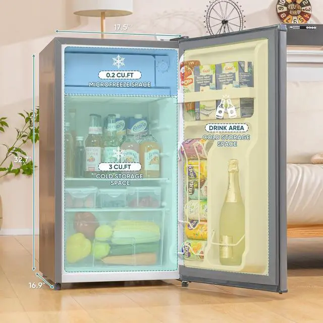 Alt view image 6 of 7 - 3.2 Cu. Ft Mini Fridge with Freezer for Bedroom, Dorm, Office, Compact Refrigerator with Adjustable Thermostat, Removable Glass Shelves and Reversible Door (Silver)