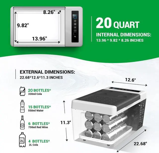 Alt view image 7 of 7 - 12 Volt Refrigerator, 20 Quart(18L) Portable Freezer, 12V Car Fridge(-8~50), Compressor Cooler for Camping, Road Trip, Travel, Van, Truck, RV, Boat, Outdoor, Home, 12/24V DC & 100~240V AC