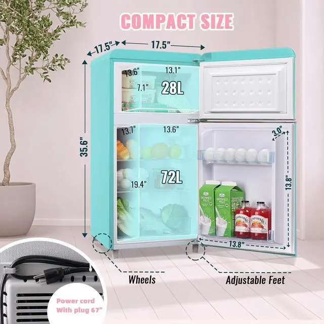 Alt view image 3 of 7 - WANAI 3.5 Cu.ft Compact Refrigerators Mini Fridge with Freezer Blue Small Fridge Dual Door Classic Retro Refrigerator Removable Glass Shelves Adjustable Thermostat for Home Office Dorm RV